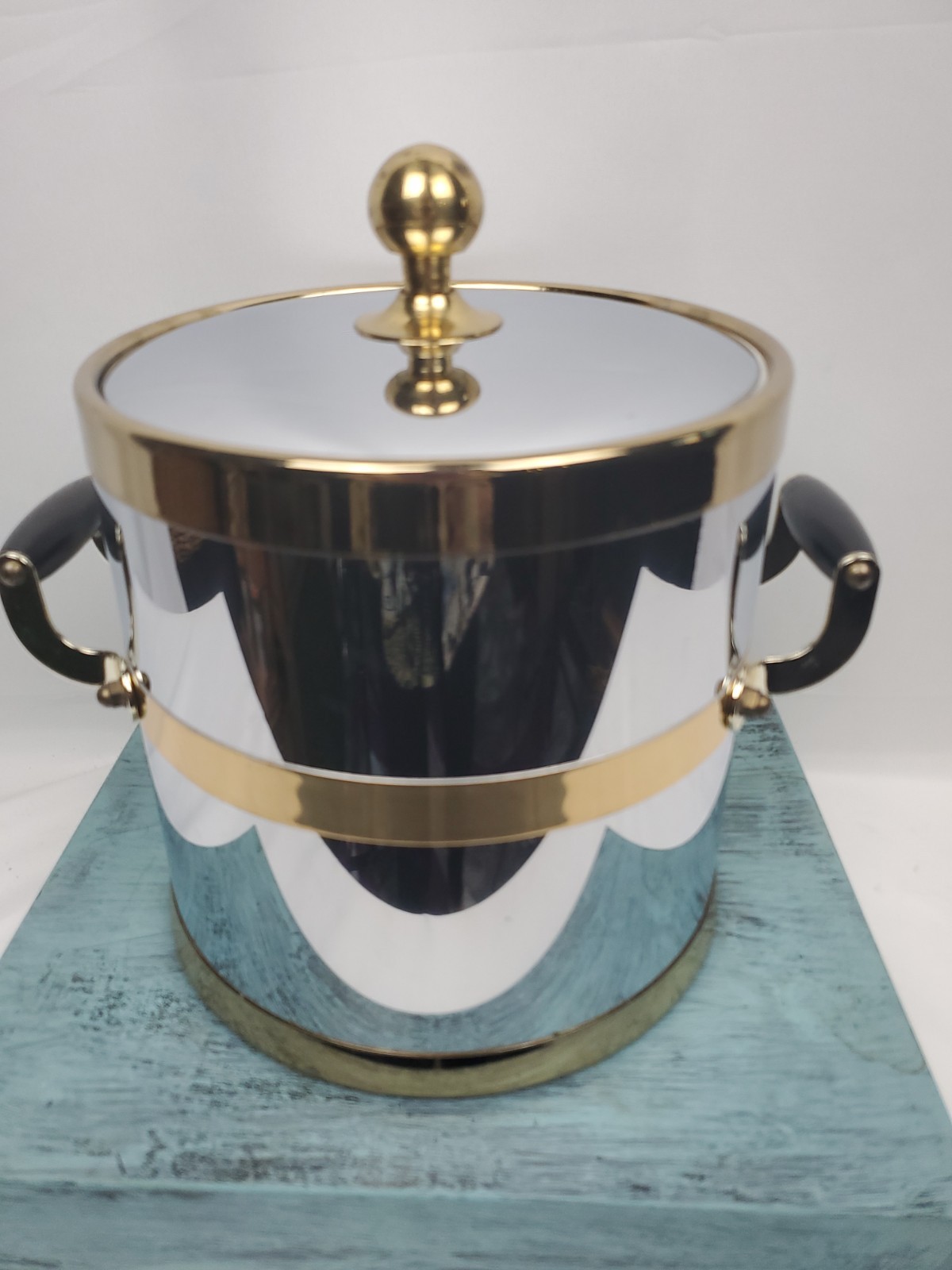 Vintage KraftWare NYC Ice Bucket Chrome And Brass Mid-Century Modern  W/ Lid