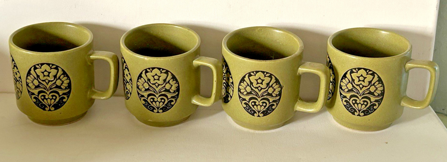 Vintage 70s MCM Glazed Stacking Mugs Set of 4 Avacado Groovy Retro Raised Design Vintage 70s MCM Glazed Stacking Mugs Set of 4 Avacado Groovy Retro Raised Design