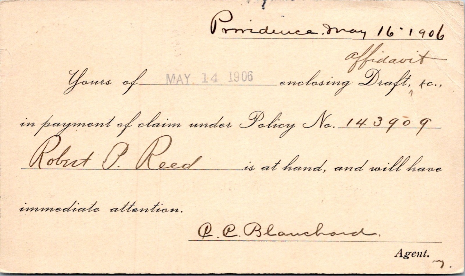 1906 Northwestern Mutual Life Insurance Postal Card Providence RI RR Blanchard