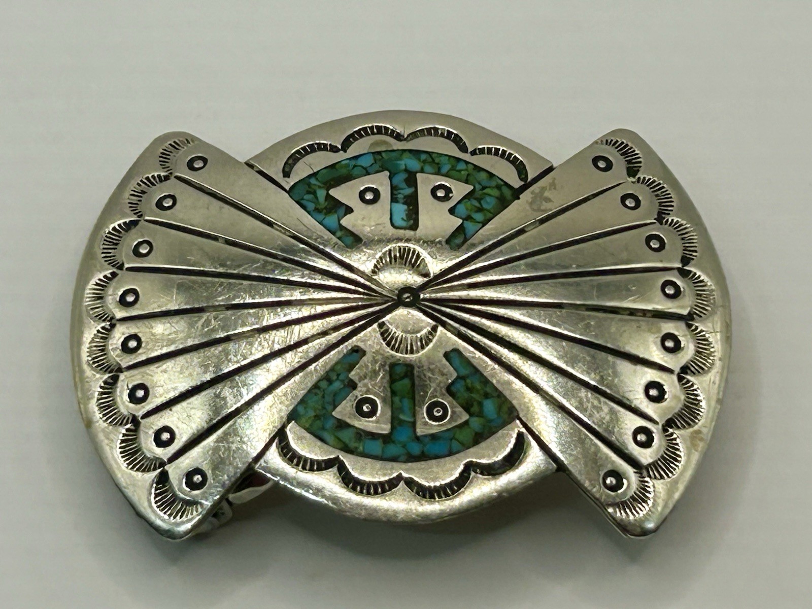 J. Nezzie, Navajo Silver,  Turquoise Coral Inlay, Belt Buckle, 2”X1 1/2”, 1970’s