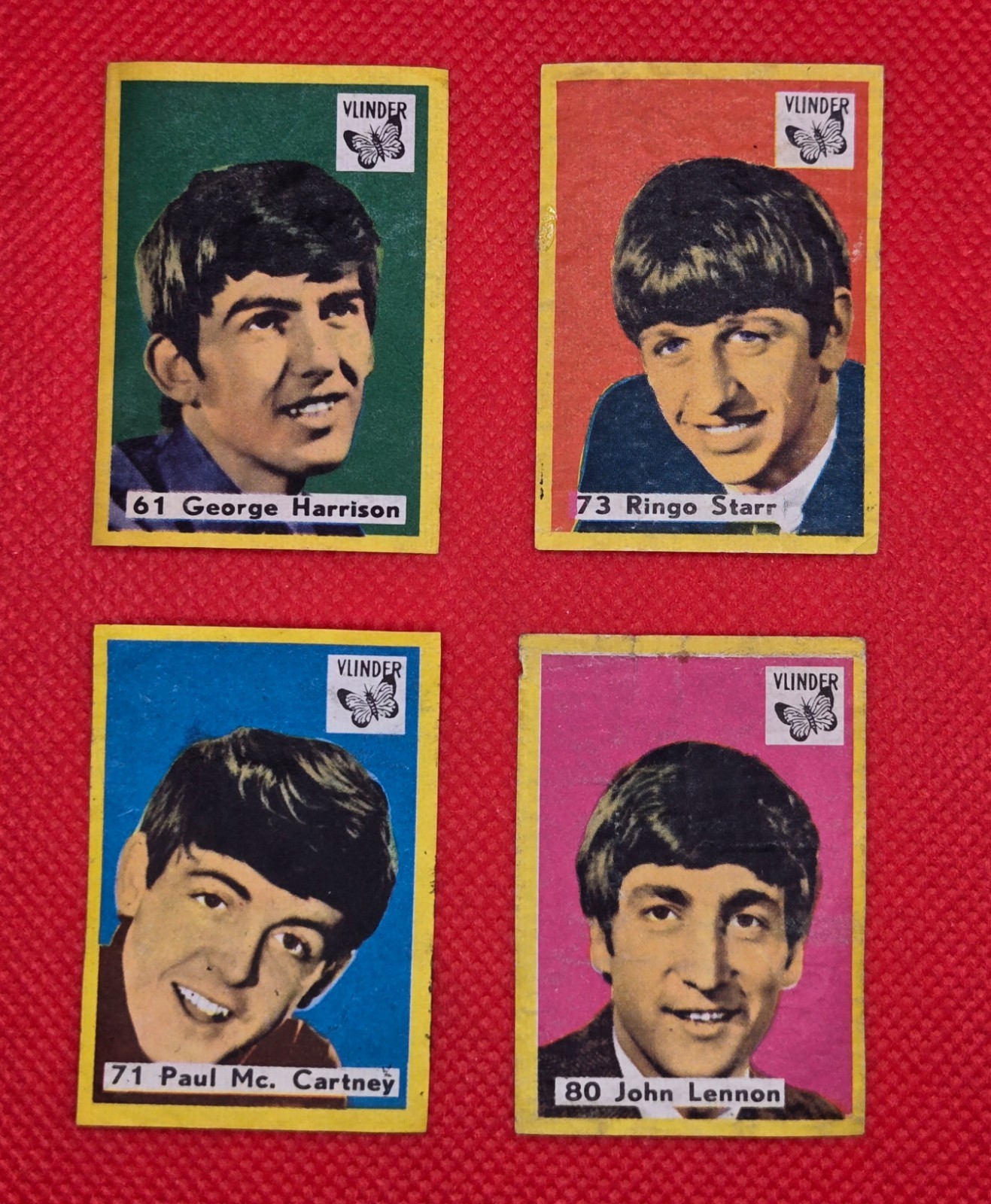 Beatles Matchbox Vlinder Labels 1964 Cards Set of 4 McCartney Lennon Harrison 