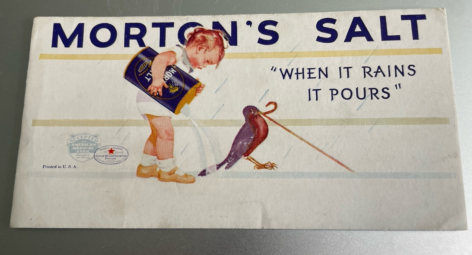 Vintage Morton’s Salt Advertising Ink Blotter “When It Rains It Pours” Girl Ad