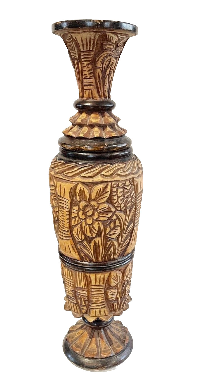 Vtg 33” teak Turn Hand Carved HAWAII tiki pineapple floral Wood FLOOR art Vase