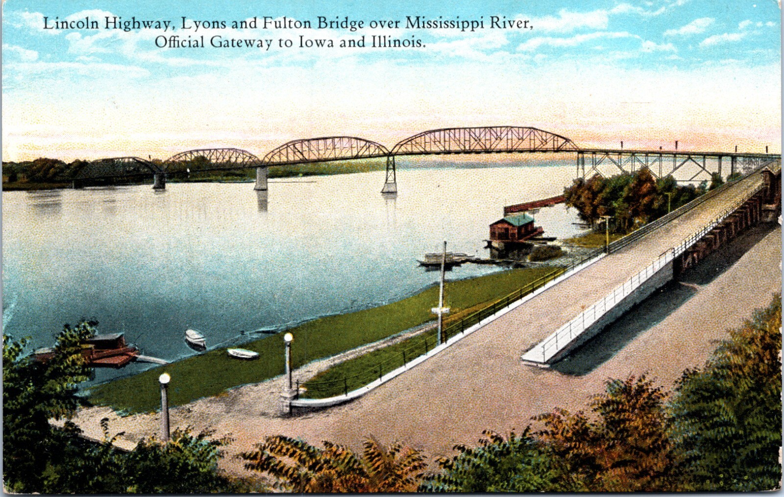Postcard Quad Cities Illinois Iowa - Lincoln Highway - Lyons & Fulton Bridge