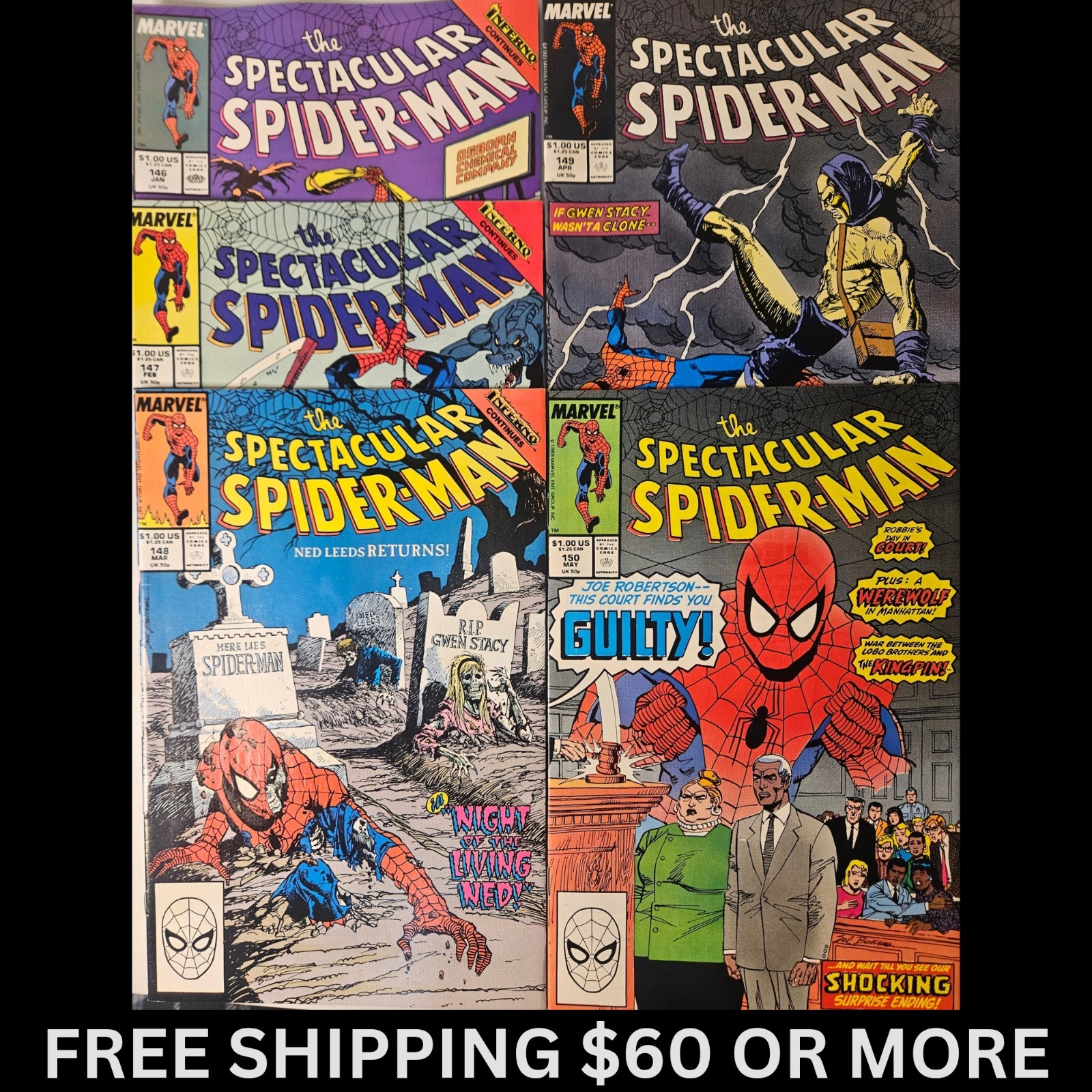 The Spectacular Spider-Man Lot #146-150 (1988-1989, Marvel Comics) NM 9.4