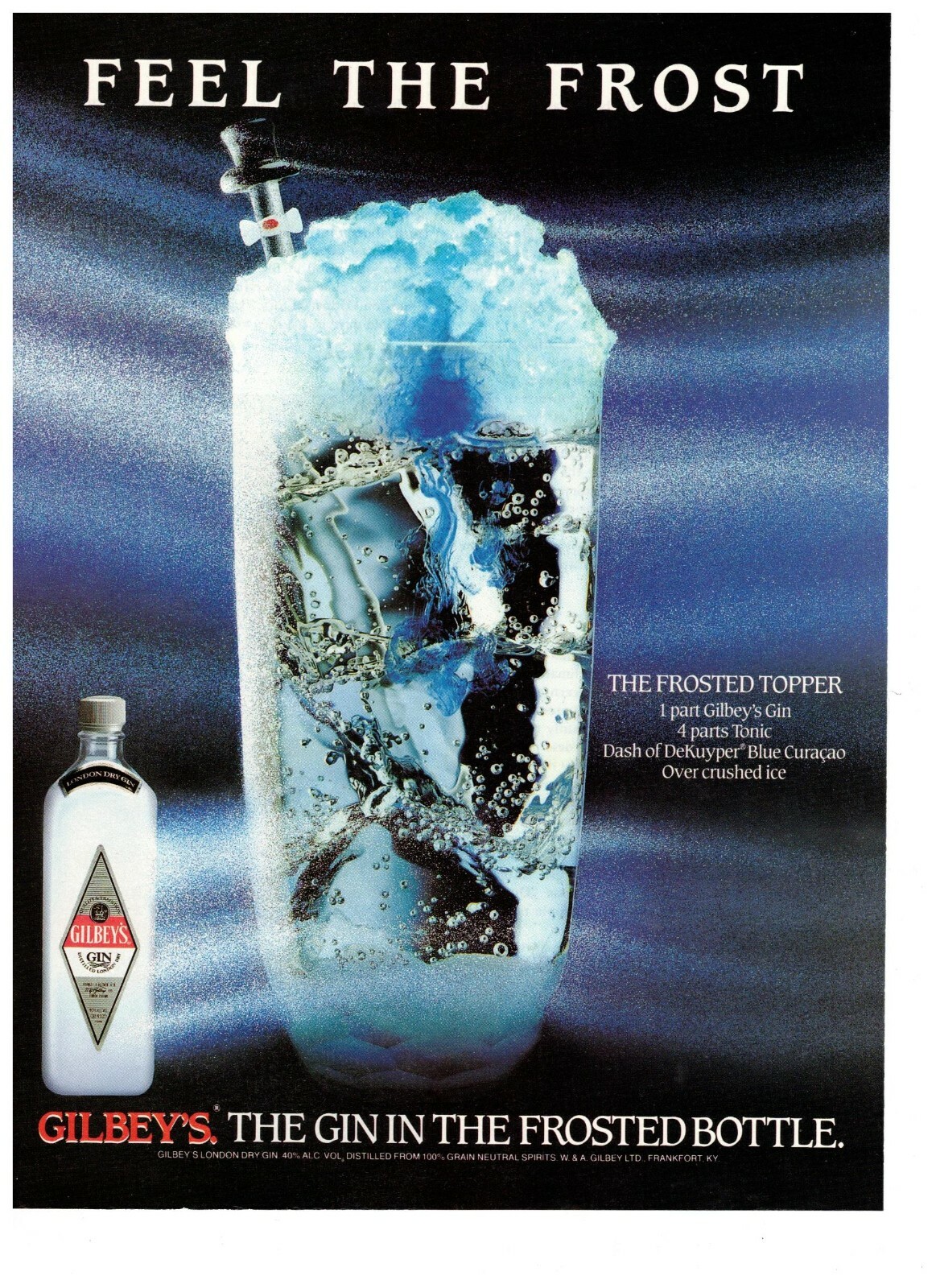 1989 Gilby\'s Gin Frosted Bottle Feel the Frost Vintage Print Advertisement