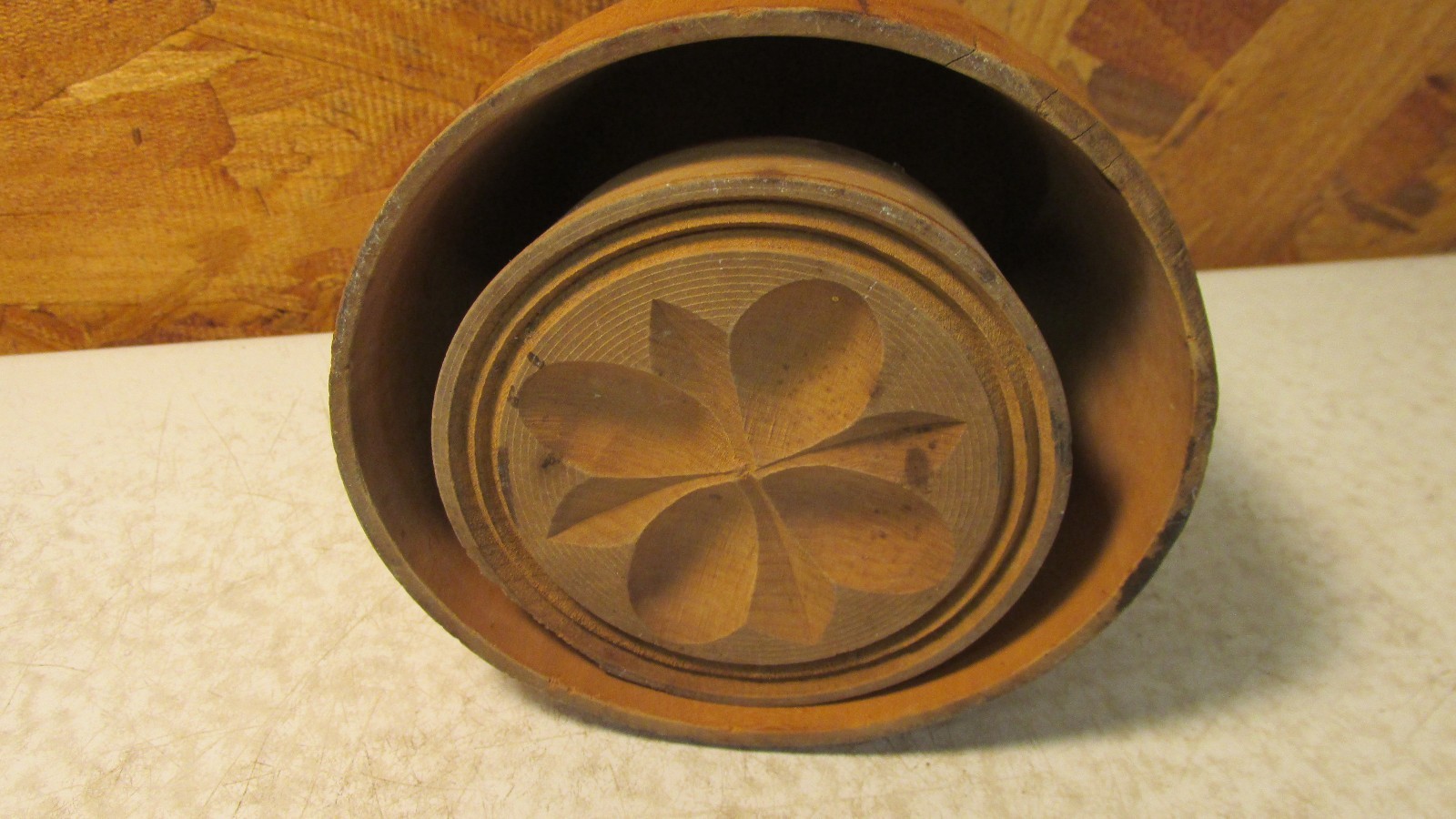 Antique Round Wood Butter Mold Flower