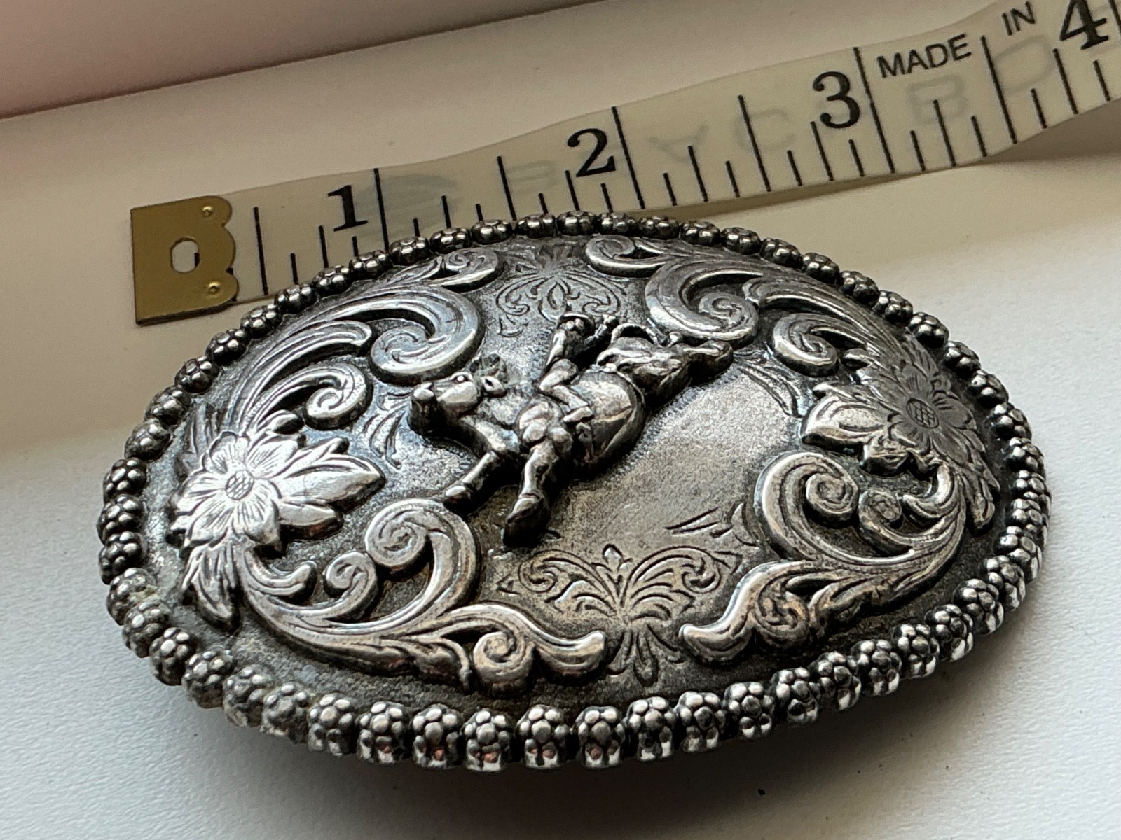 Nocona vintage Western Bull Rider silver tone ornate oval Belt Buckle rodeo Nocona vintage Western Bull Rider silver tone ornate oval Belt Buckle rodeo