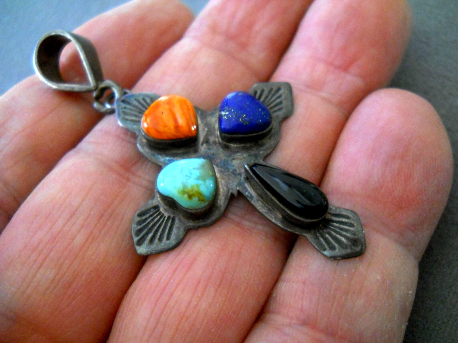 Old Southwestern Stamps MultiStone Sterling Silver 3 Heart Cross Pendant 2.4\