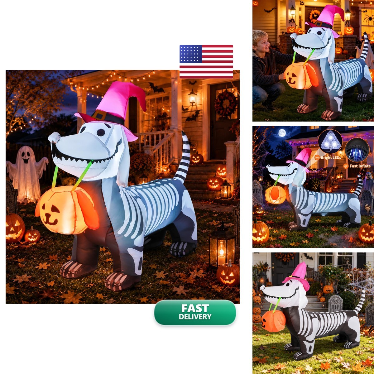 GOOSH 5.5 FT Halloween Skeleton Puppy Inflatable LED Yard Decor