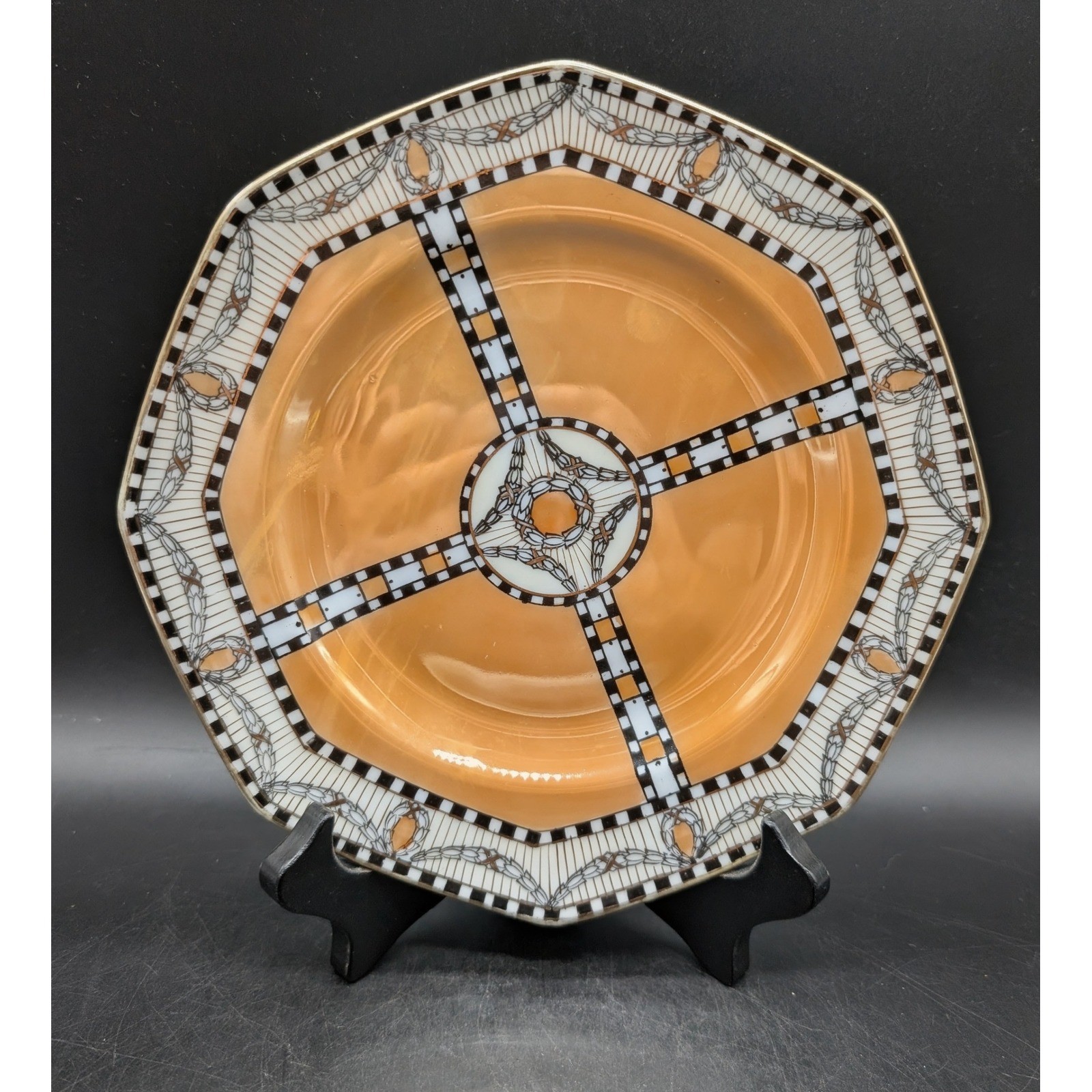 Noritake Art Deco Octagonal Plate Orange Lusterware Checkerboard Hand Painted 9\