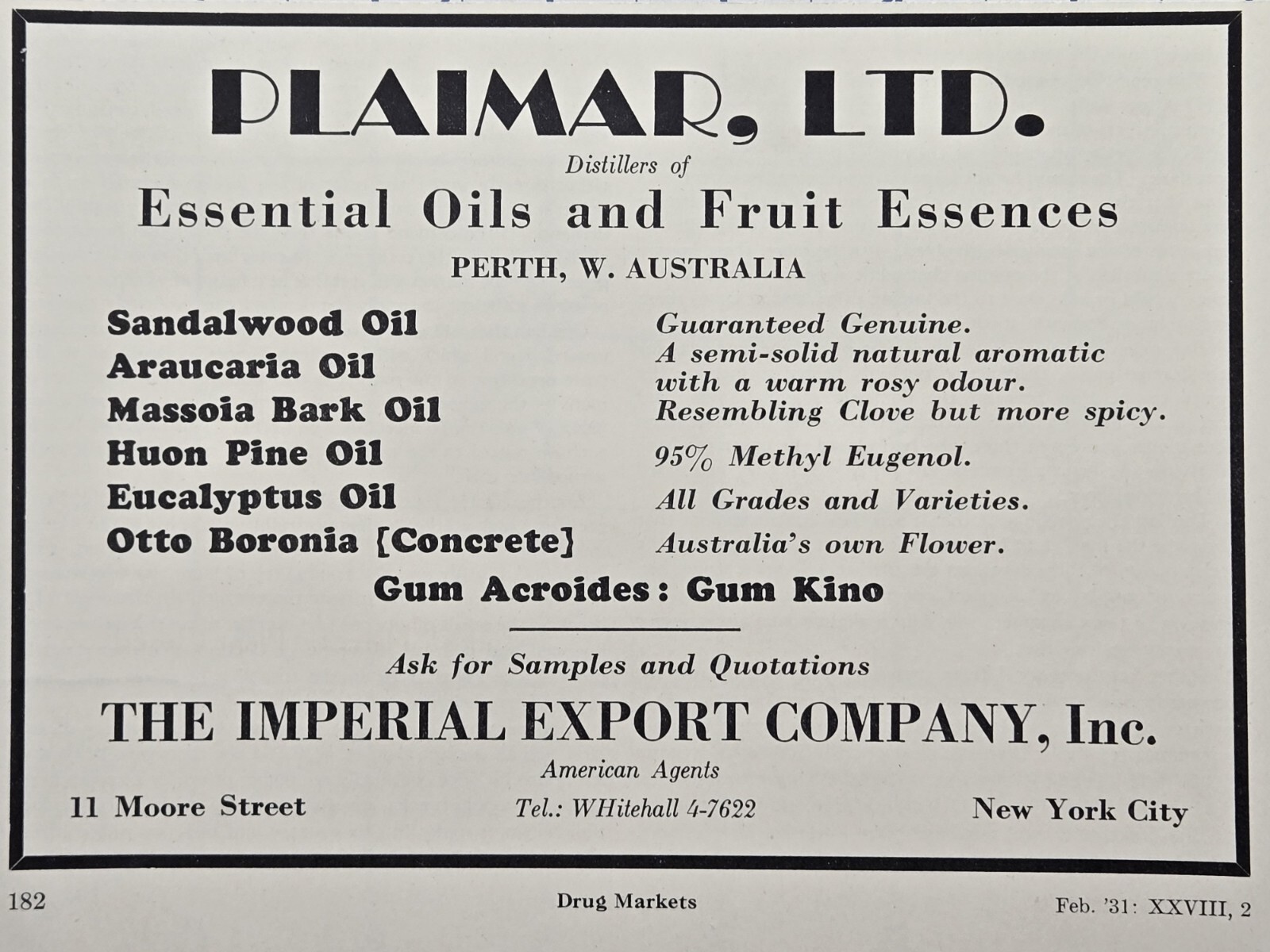 Plaimar Ltd Perth W Australia Essential Oil Fruit Essence Vintage Print Ad 1931