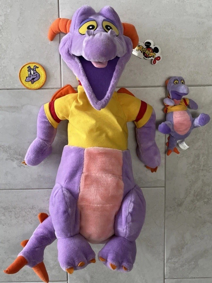RARE VTG DISNEY FIGMENT LOT DRAGON PLUSH KASHMIER HAND PUPPET, BEAN BAG, & PATCH