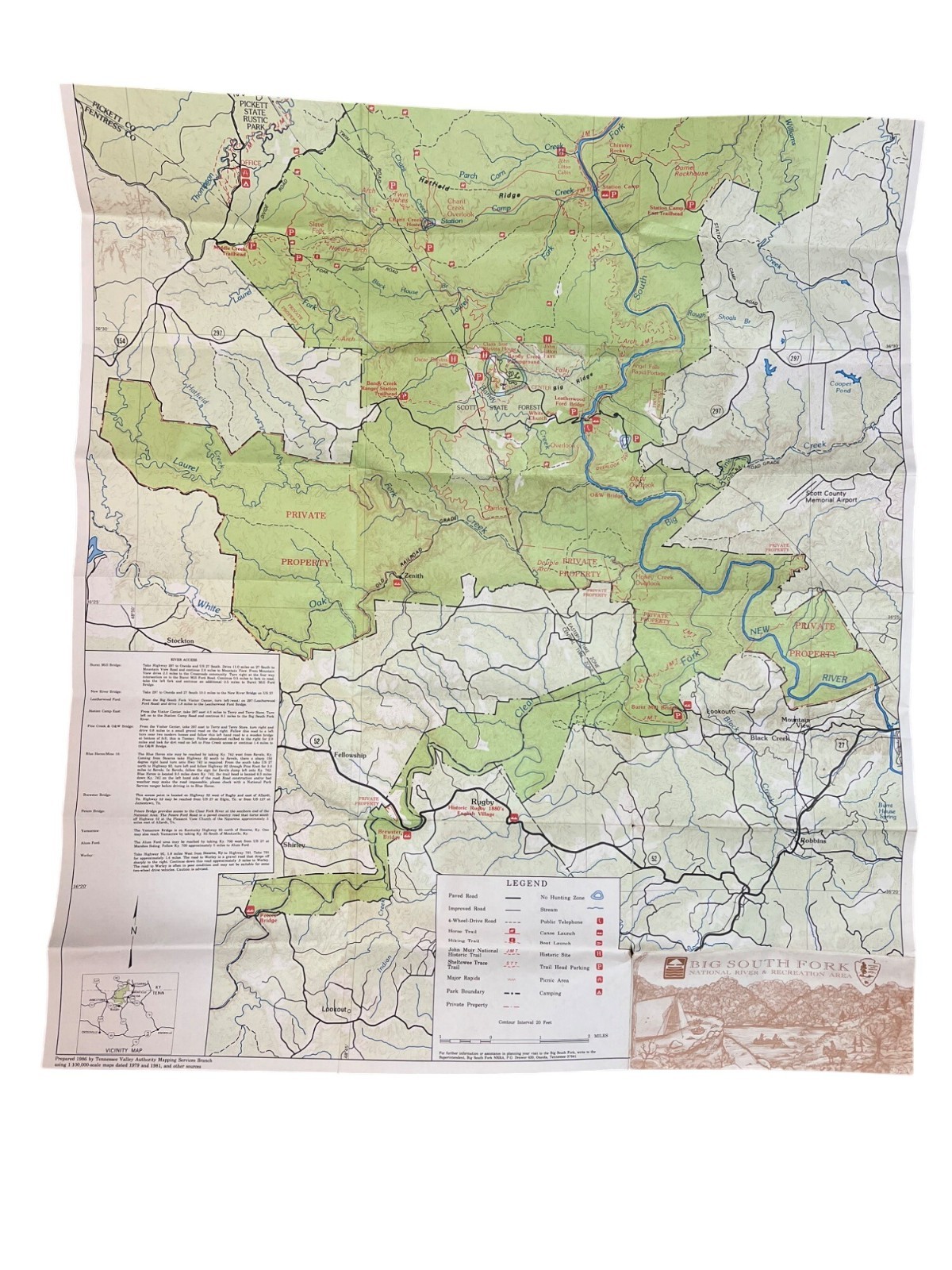 1986 Big South Fork Map TN KY National River Recreation Area TVA 28x31.5