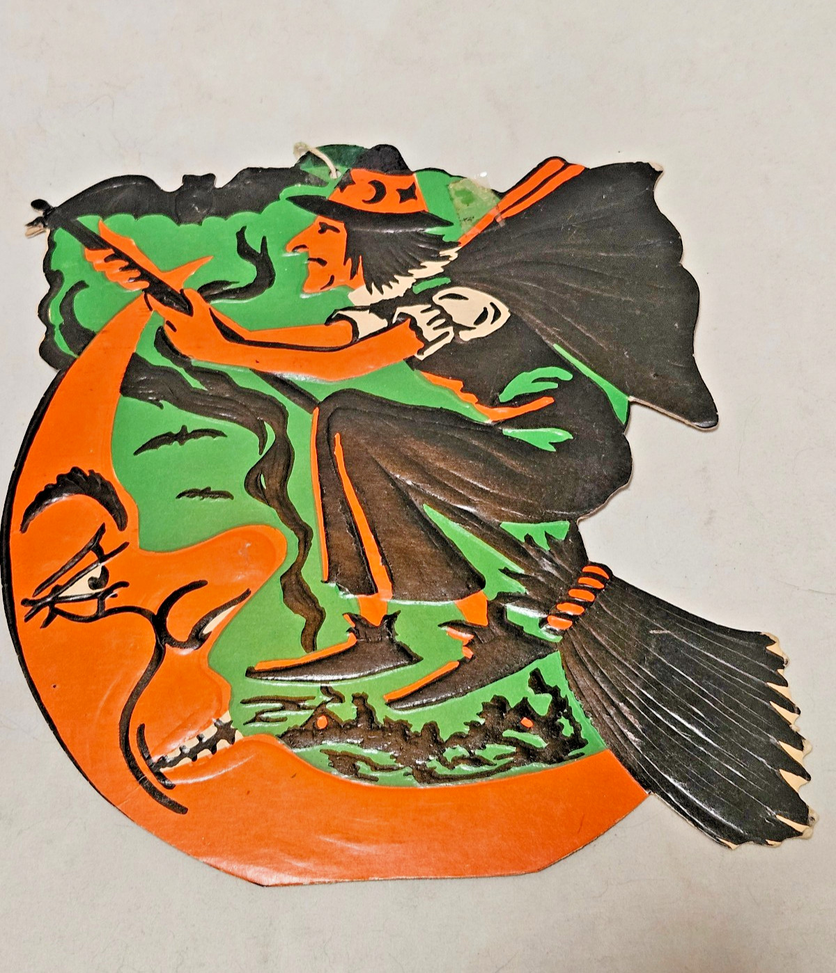 Vintage Halloween Embossed Cardboard Diecut Beistle Witch Moon Bat 30-50s
