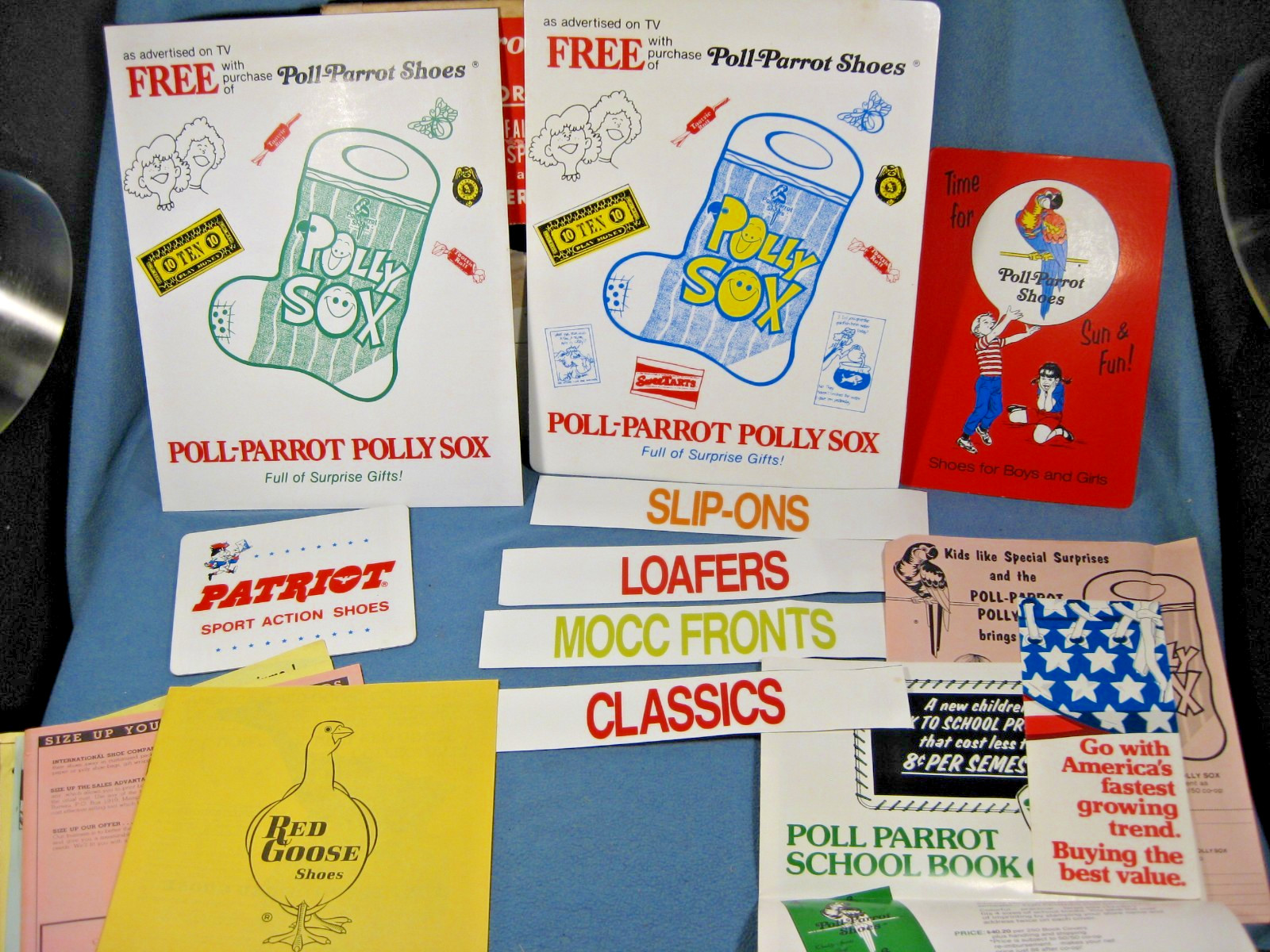 Lot of 4 Vtg. Cardboard Poll-Parrot Shoes Advertising Signs & Paperwork Org. Box