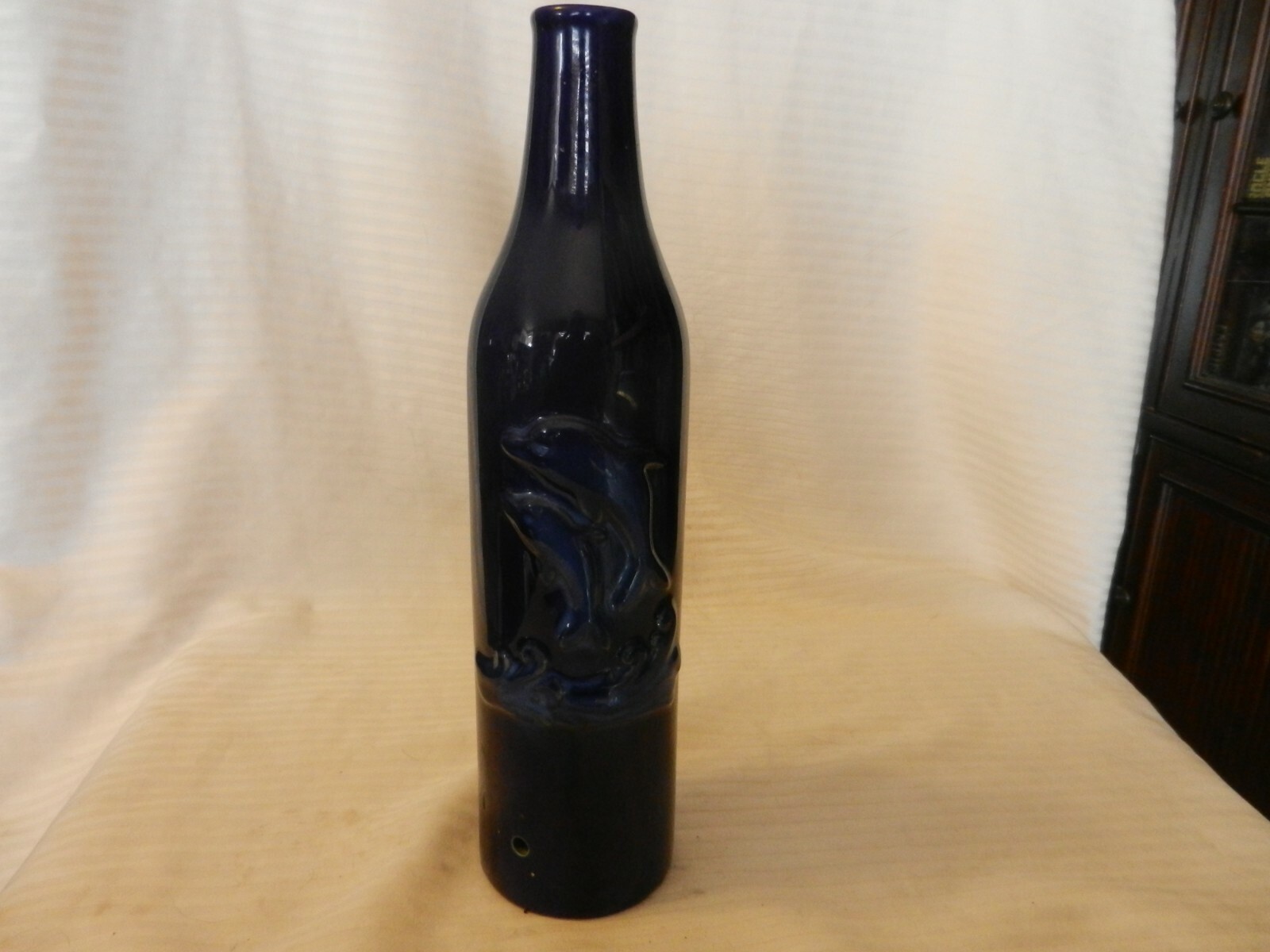 Cobalt Blue Embossed Bottle With 2 Dolphins Jumping Out of Water 11.75\