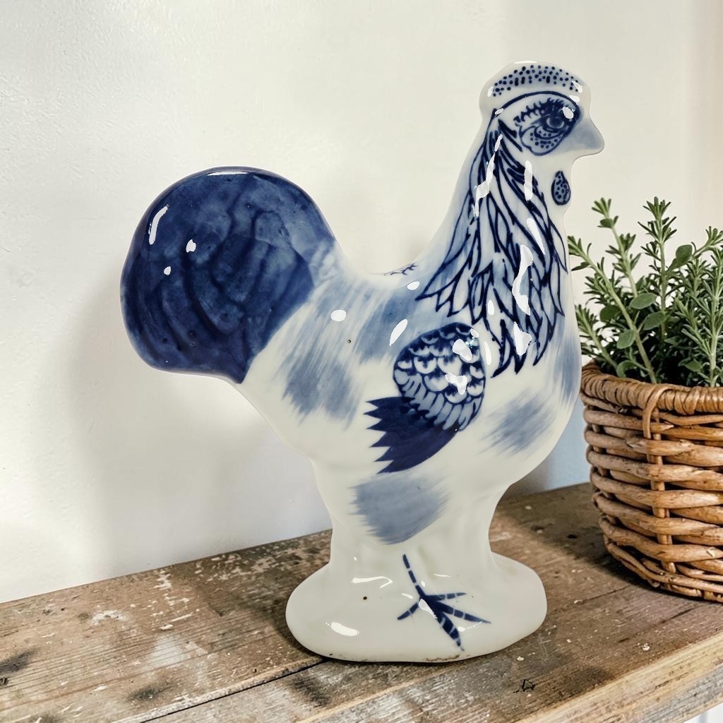 VTG Blue & White Porcelain Rooster French Farmhouse Country Kitchen Figurine 7 VTG Blue & White Porcelain Rooster French Farmhouse Country Kitchen Figurine 7