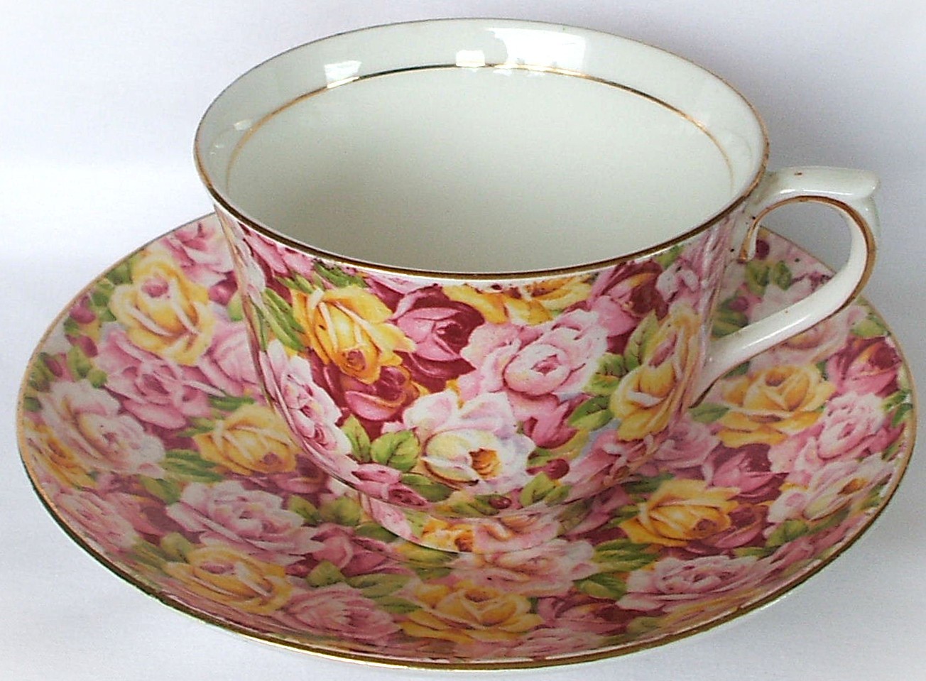 Vintage Colclough Bone China Red Pink Yellow Rose Chintz Teacup & Saucer England