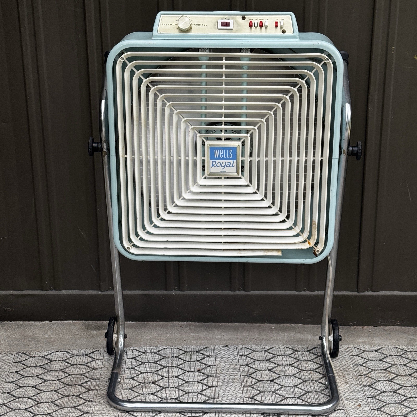 Vtg WELLS ROYAL Deluxe Thermo Control Box Fan Reversible MCM Turquoise W/ Stand”