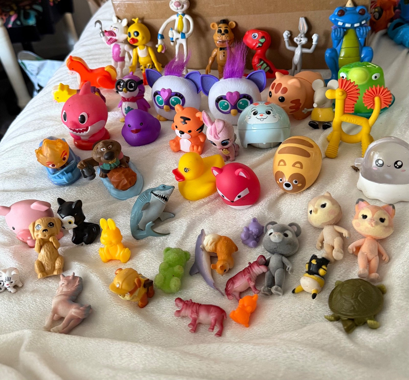 Lot of 47 Mixed Toys Mini Figures, Animals, Furbies, Ducks, Pop Culture