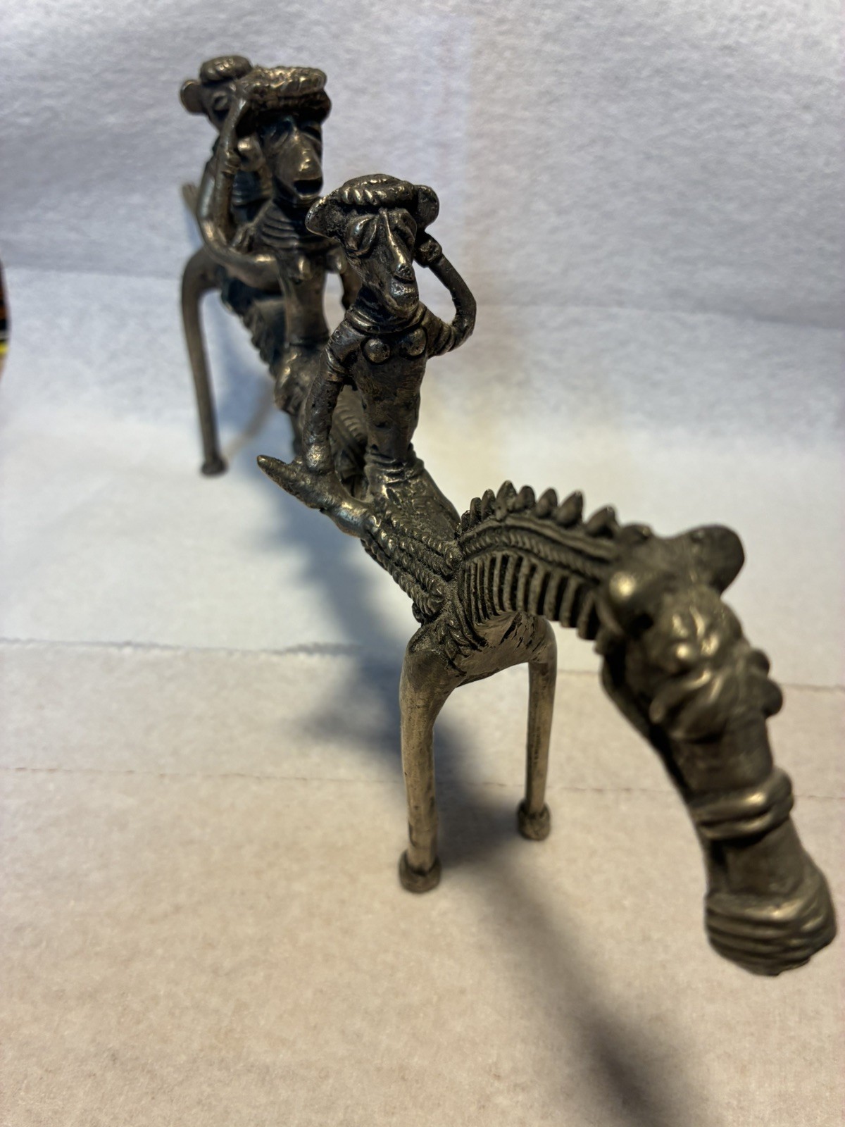 Ashanti African Congo Zebra pewter Or Brass Horse W/ Tribal People