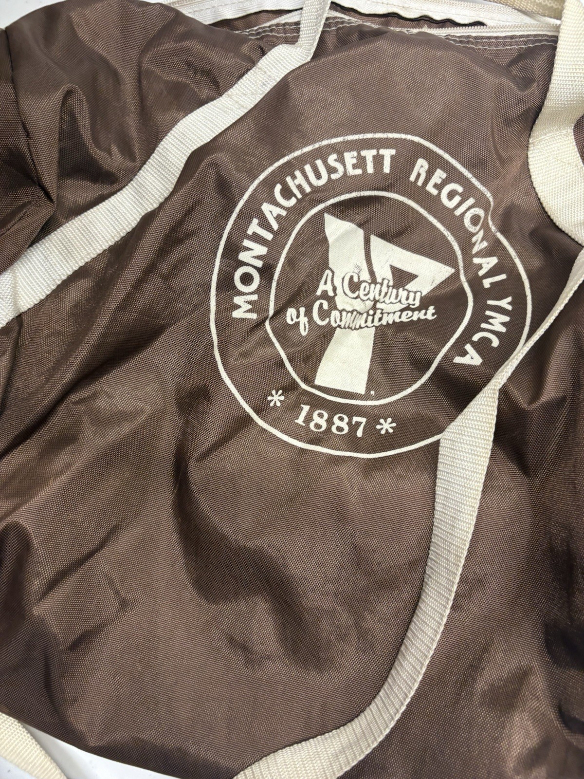 Vintage 1987 Montachusett Regional YMCA Drawstring Gym Bag Brown Centennial 