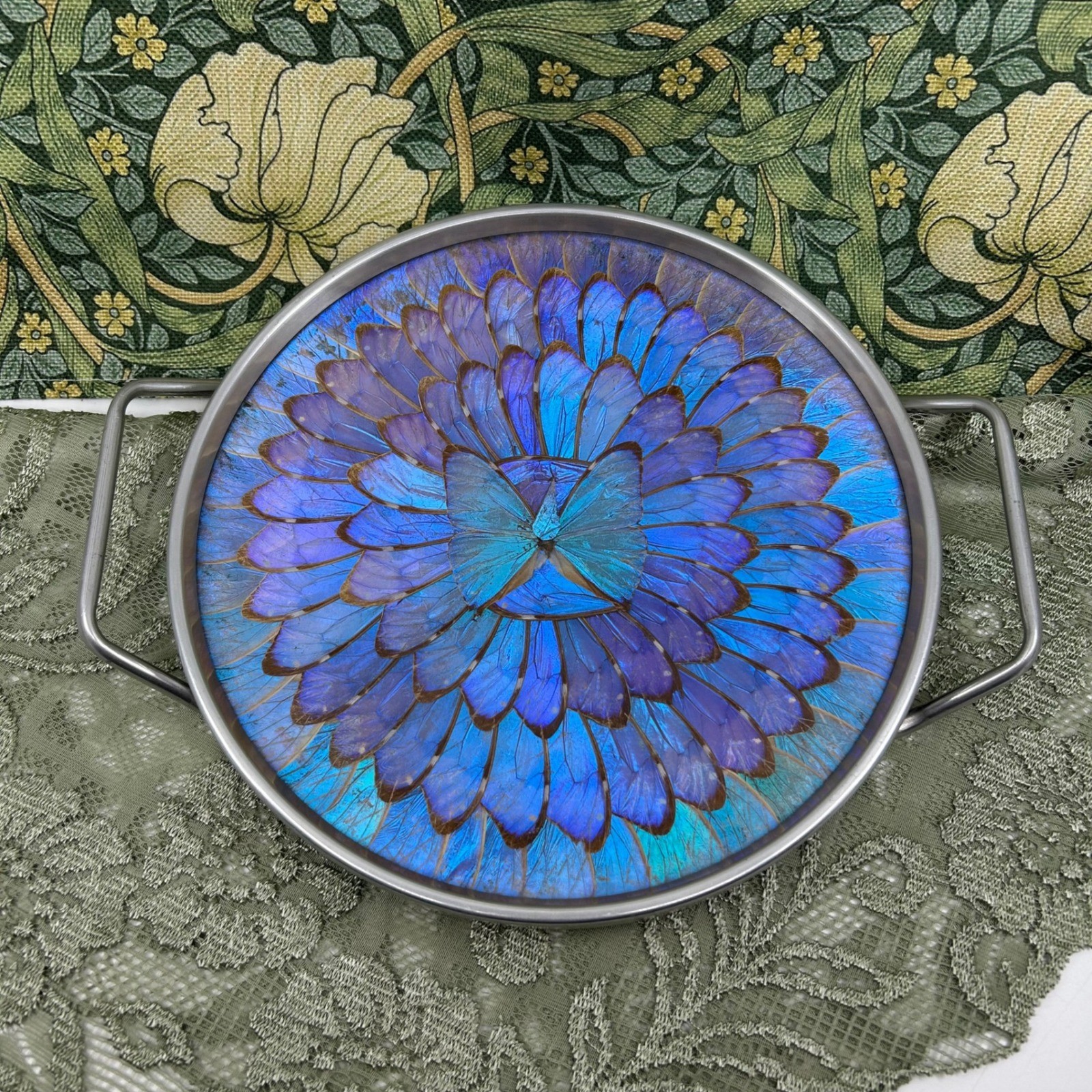 Vintage Brazilian Blue Morpho Butterfly Wing Tray With Handles Layered Wings