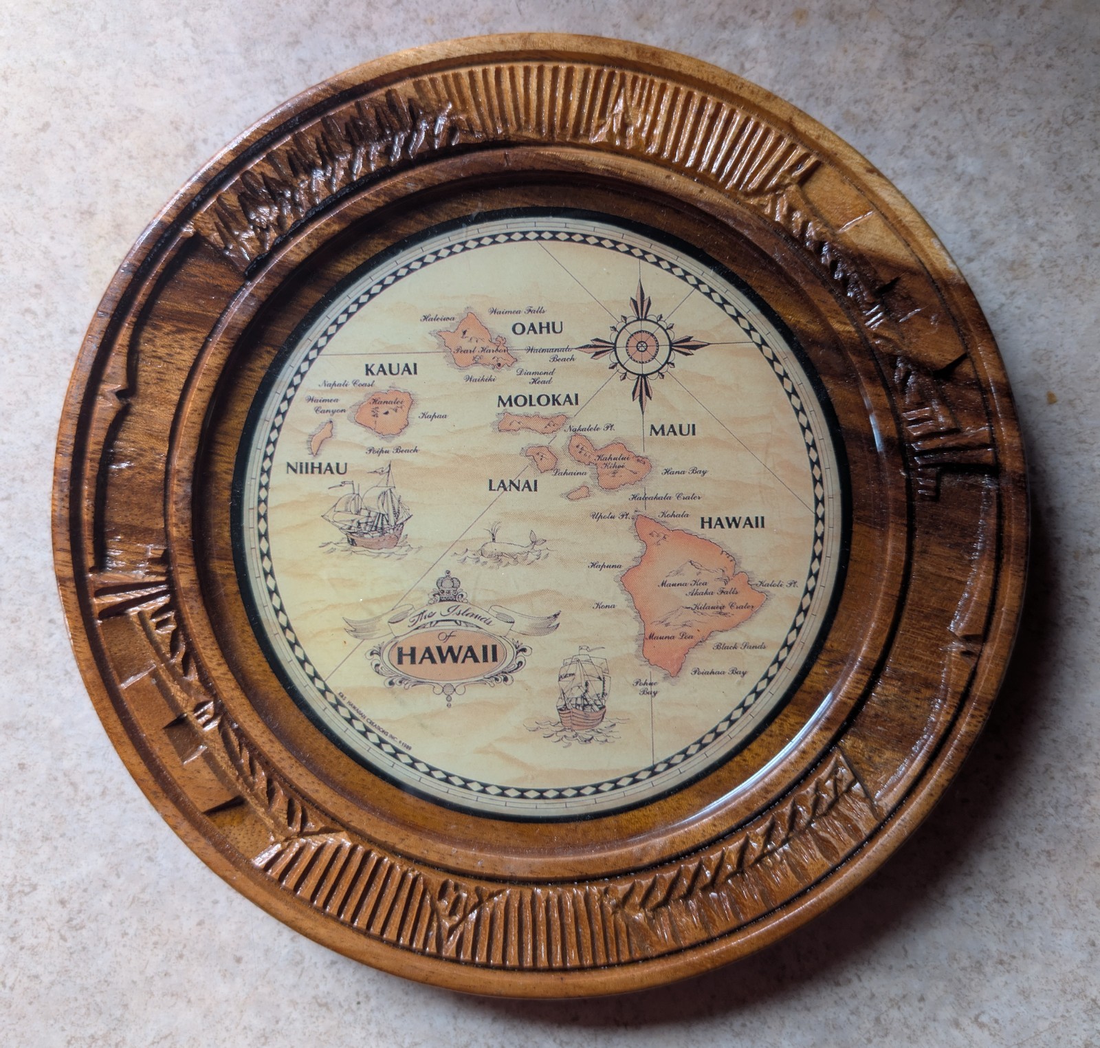 Vtg 1989 Hawaii Map Carved Wood Plate Plaque 8