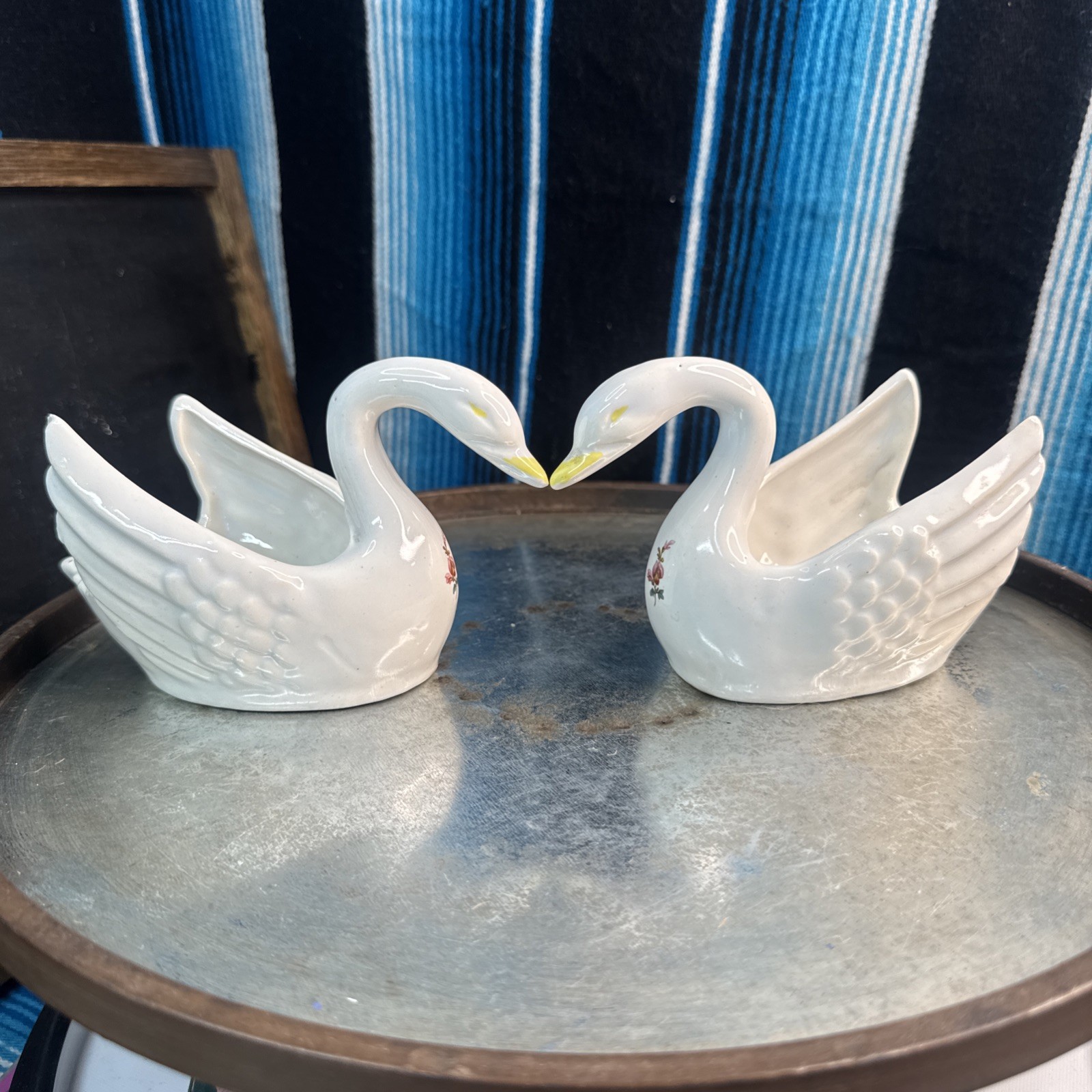 2 VTG White Ceramic Swan Planter W/ Rose Flowers Glossy-6 1/2”x3 1/2”x4”