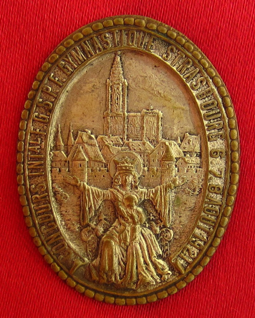 ANTIQUE  MARY Pin 1921 OUR LADY STRASSBOURG GYMNASTICS COMPETITION PIN Souvenir