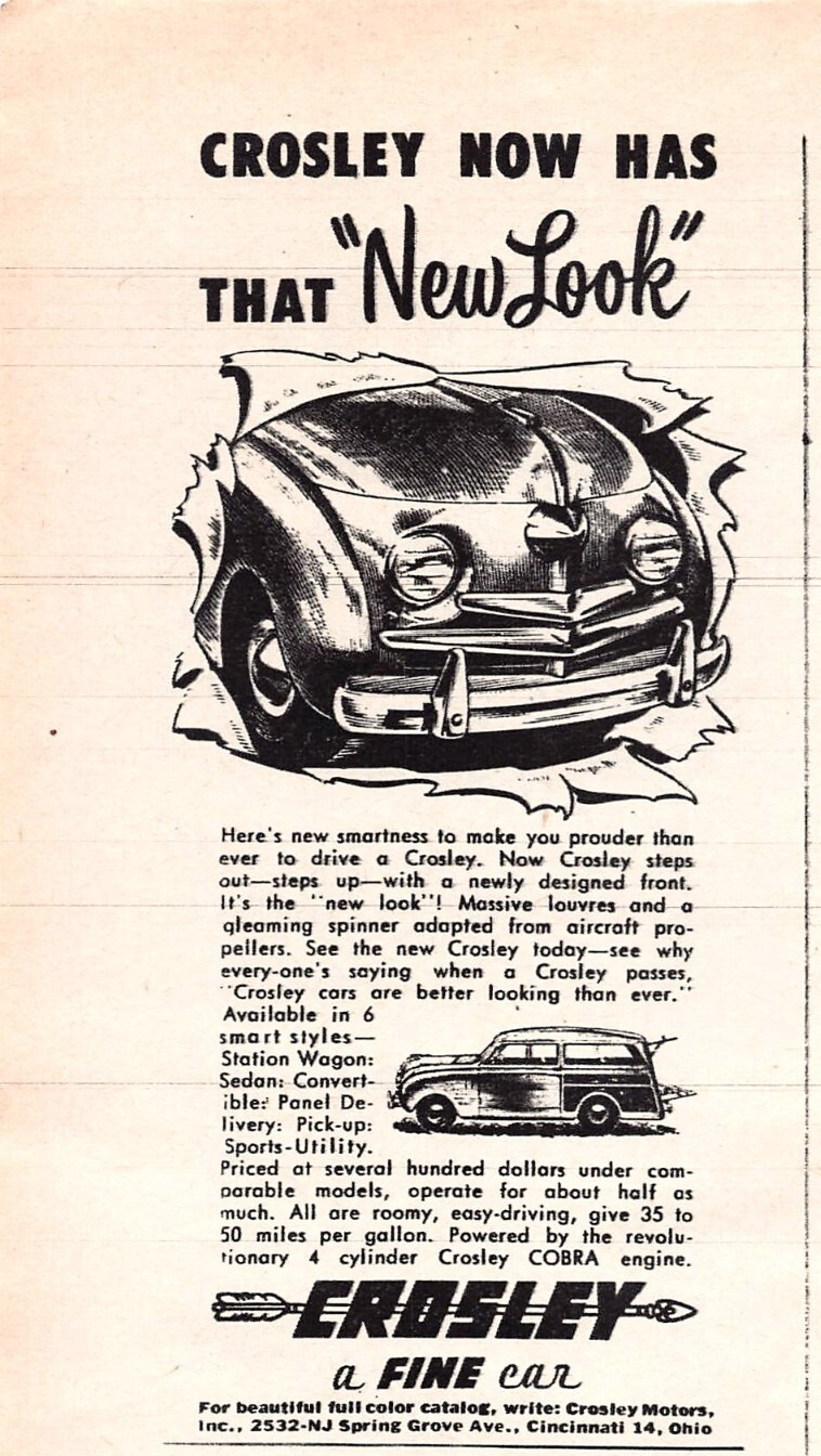 Crosley Motors Car Manufacturer All Steel Body 1948 3.25