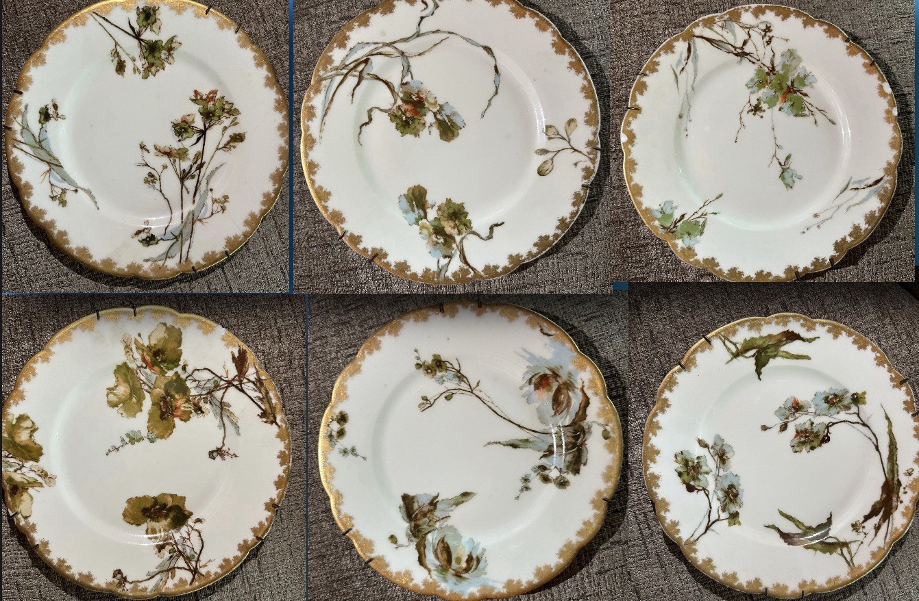 RARE Haviland & Co Limoges Set 6 Porcelain Plates Gold scalloped late 1800s