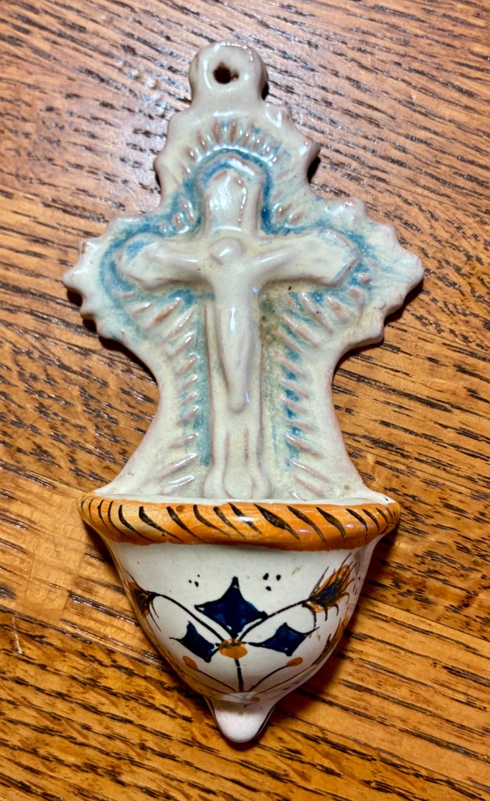 Vintage Italian Majolica Hand Painted Holy Water Font
