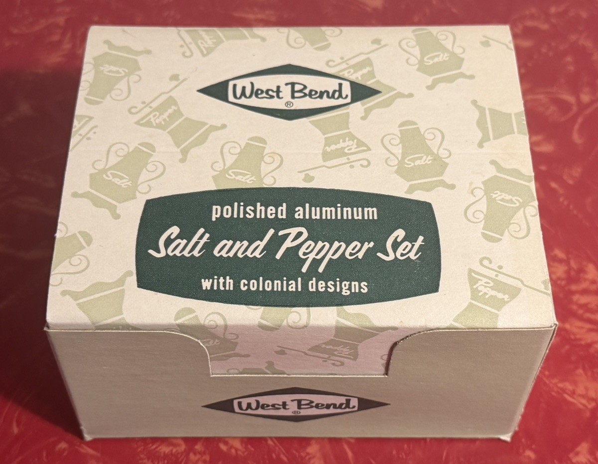 VTG West Bend Aluminum Salt & Pepper Shakers Colonial Designs New in Box NOS