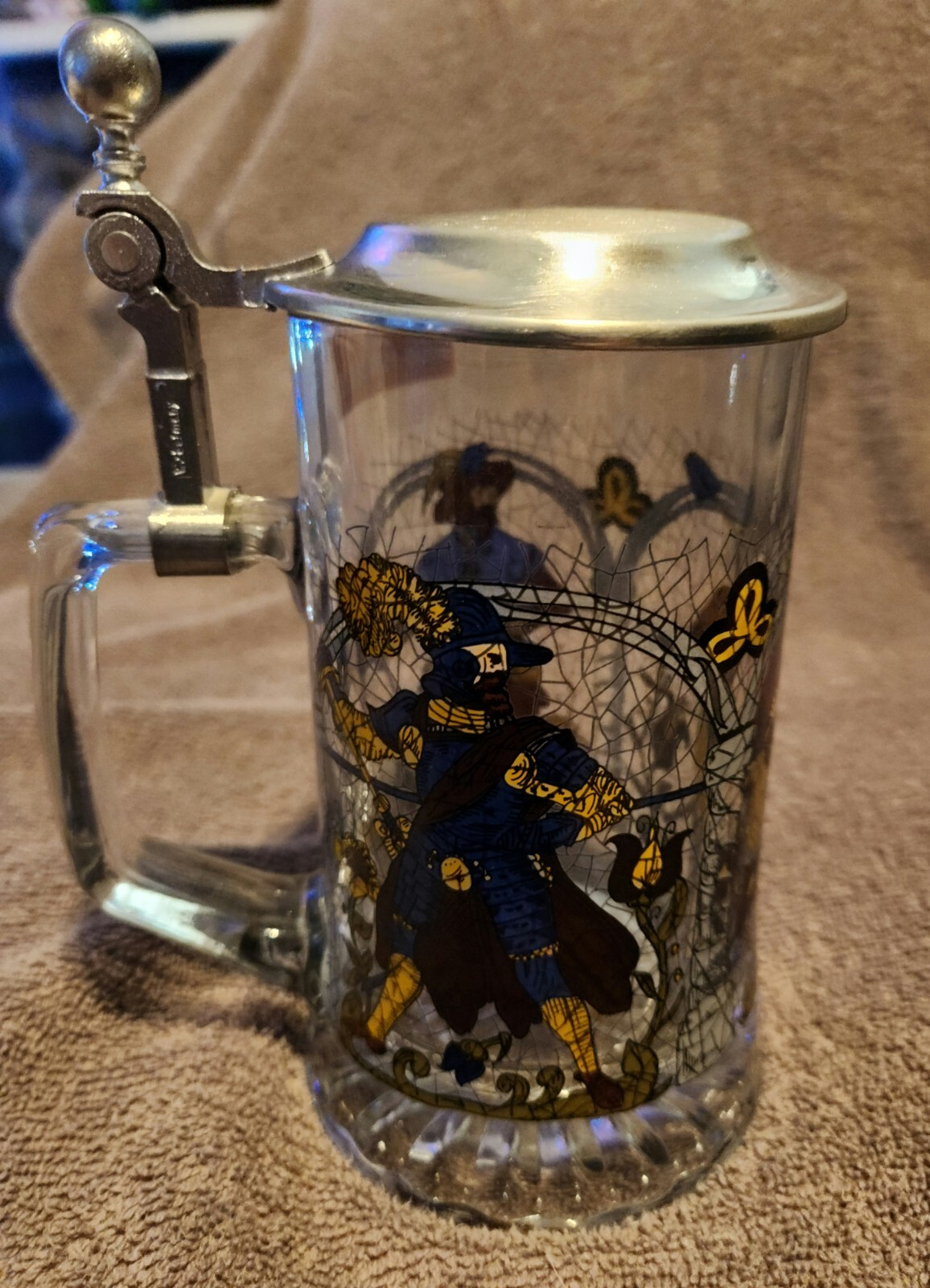 Vintage ALWE, Noblemen, Solid Pewter Lidded Glass Stein, West Germany, New. 