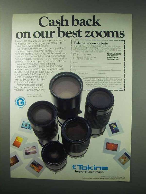 1984 Tokina ATX Series Zoom Lenses Ad - Cash Back