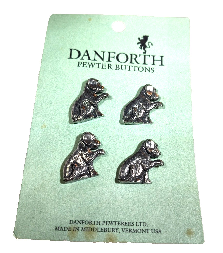 1990 Set of 4 Danforth Pewter Buttons Dogs Puppies NEW On Card made i n Vermont