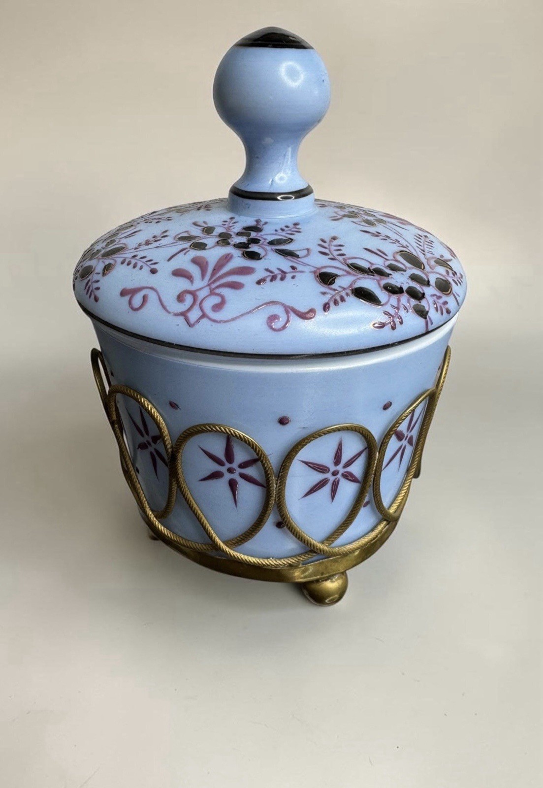 VTG Hand Painted Periwinkle Opaline Milk Glass Powder Jar Enamel Florals Basket
