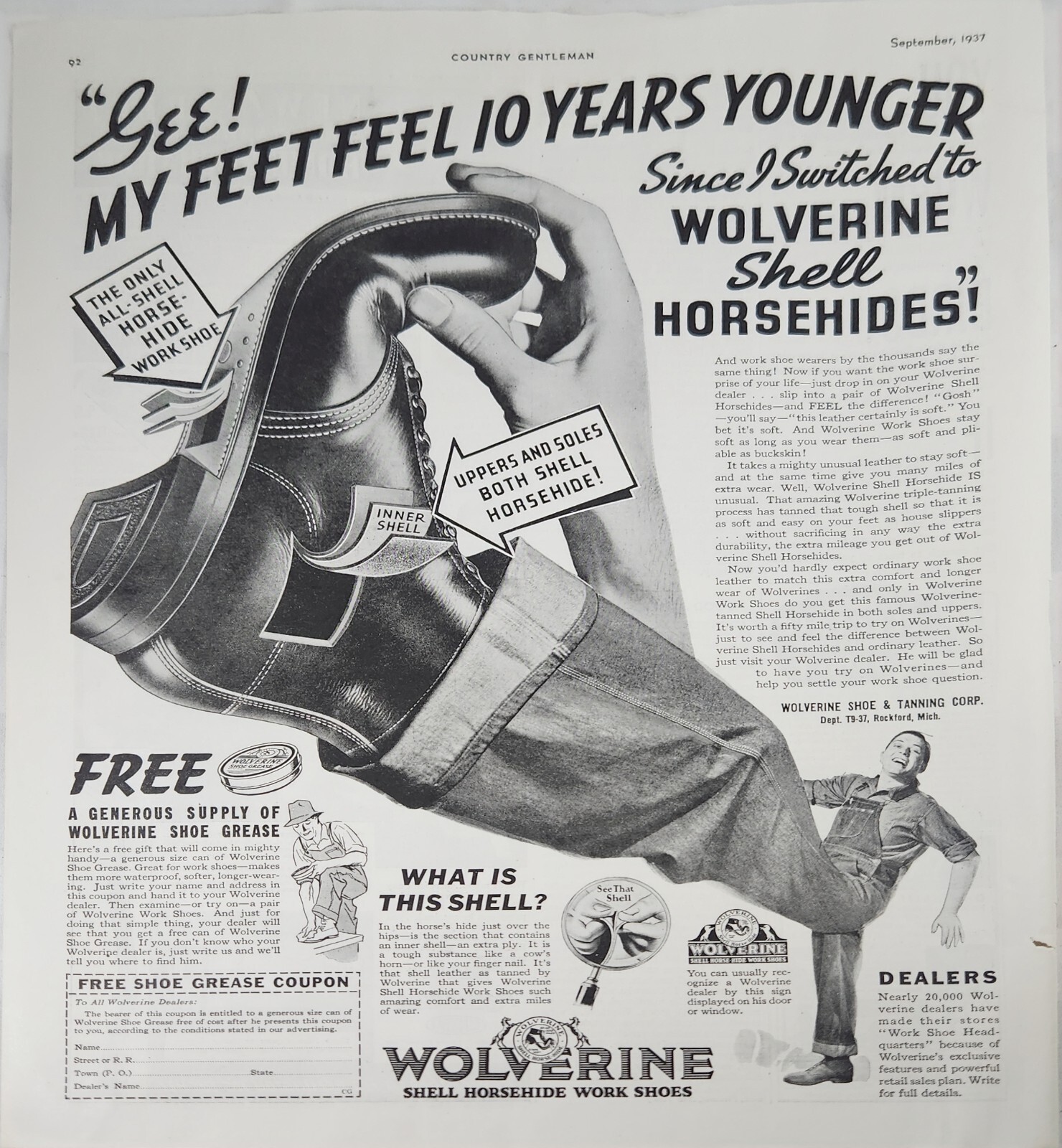 1937 Wolverine shell horsehide work shoe Vintage Ad 14x10 feet 10 years younger