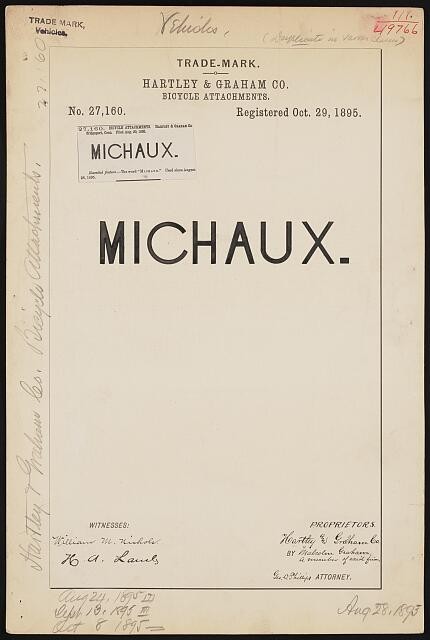 Photo:Hartley Graham Co Michaux Bicycle Attachments Trademark 1895 Patent