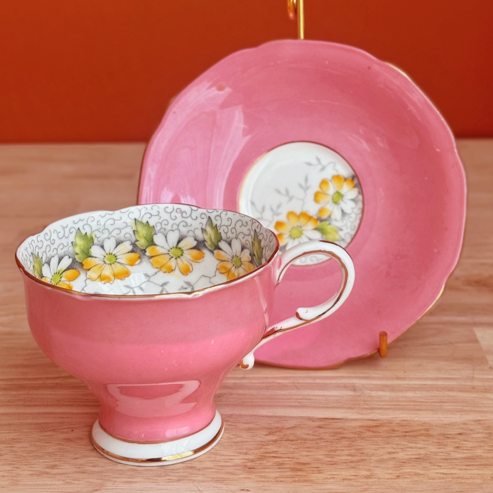 Paragon Double Warrant Margot Pink Teacup Saucer England 1940s Vintage