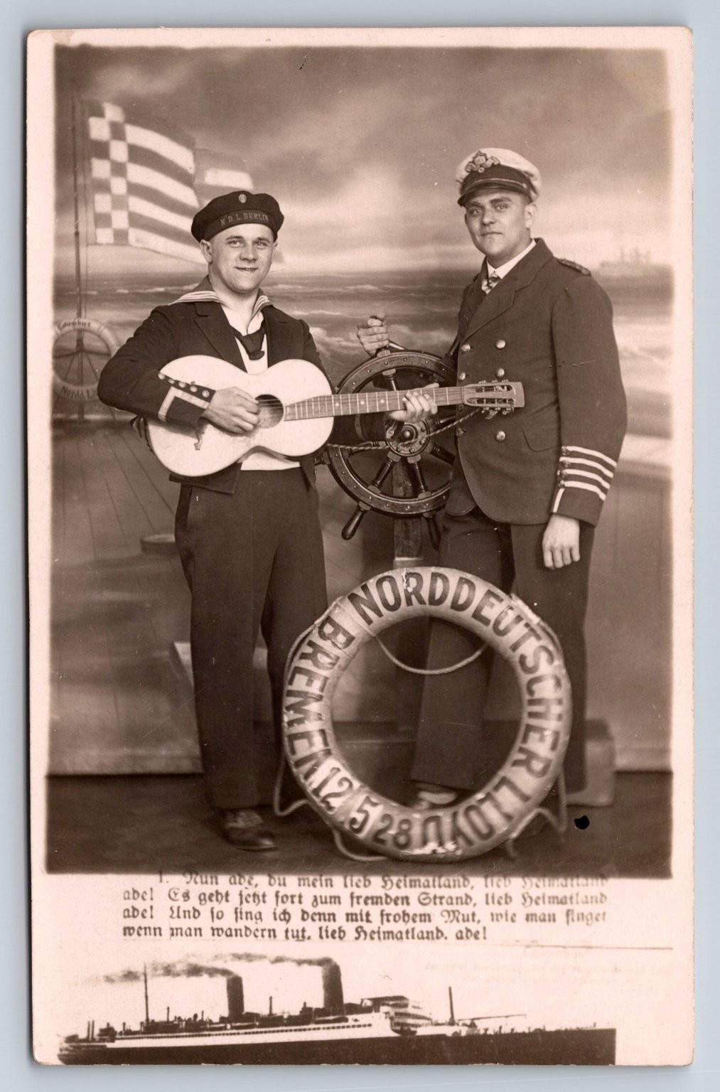 Norddeutscher Lloyd Bremen Sailors RPPC Postcard - N.D.L. Byron Ship