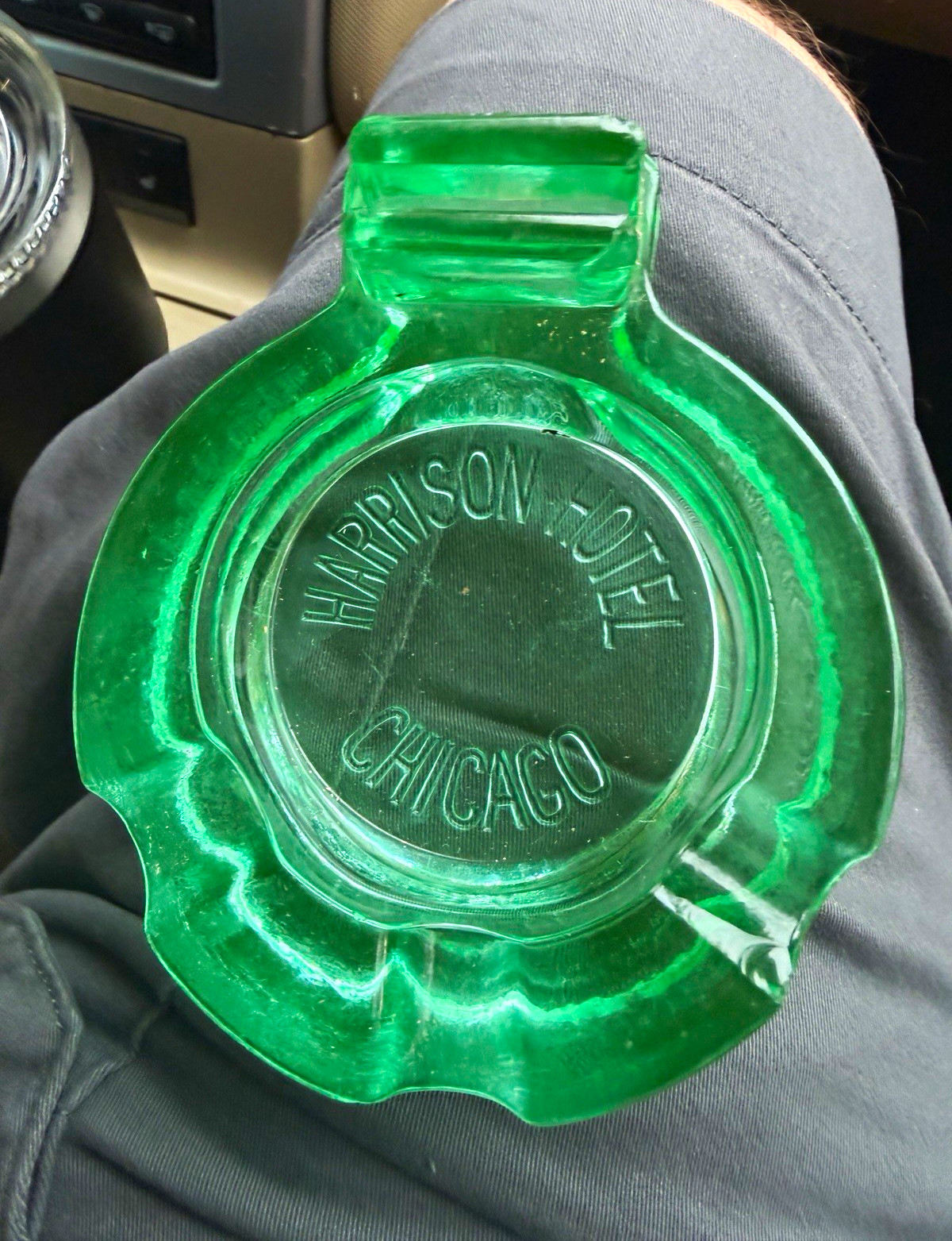 Green Uranium Glass Ashtray - Harrison Hotel Chicago, IL 1930s No cracks chips Green Uranium Glass Ashtray - Harrison Hotel Chicago, IL 1930s No cracks chips