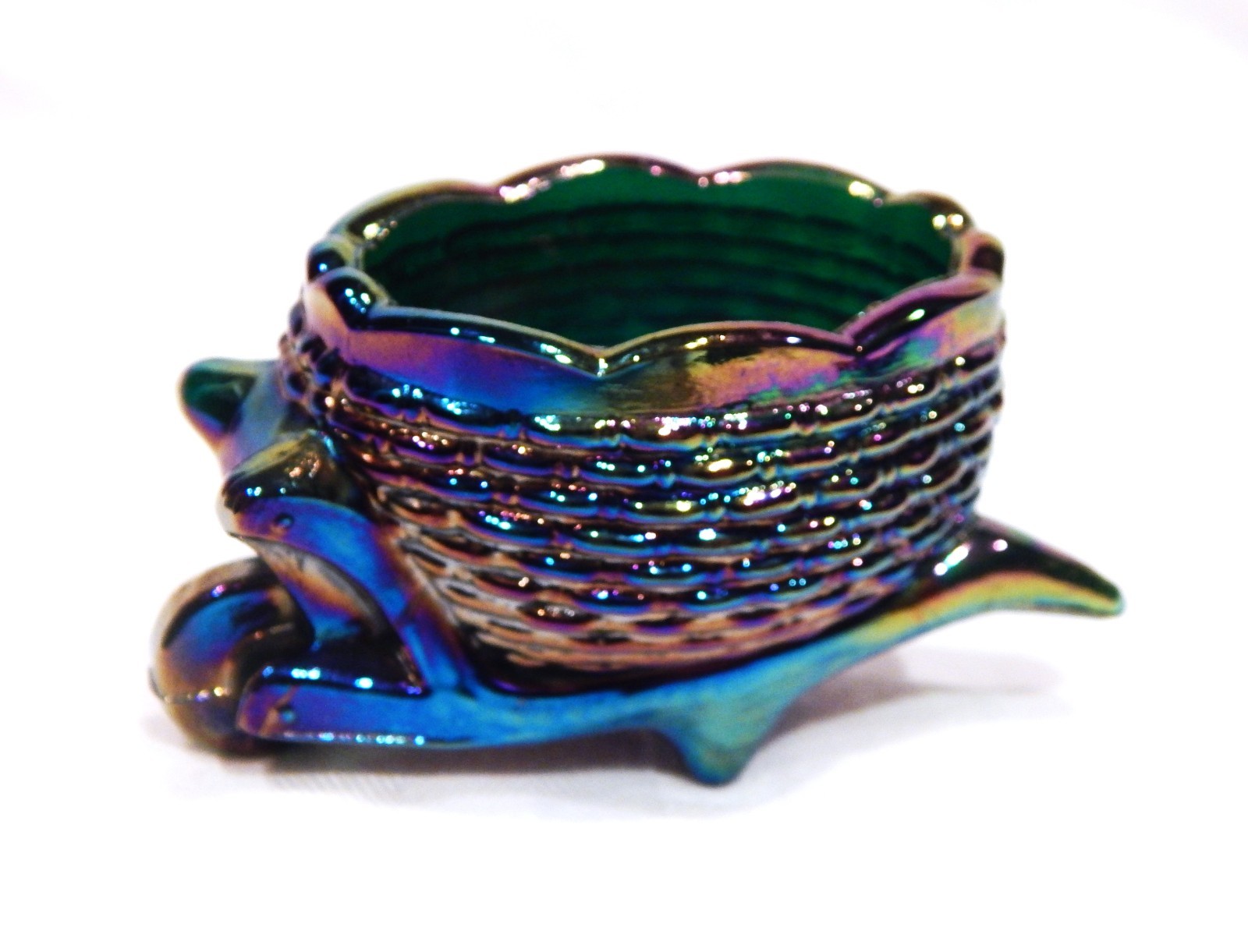 Vintage Iridescent Green Glass Wheelbarrow Open Salt Cellar