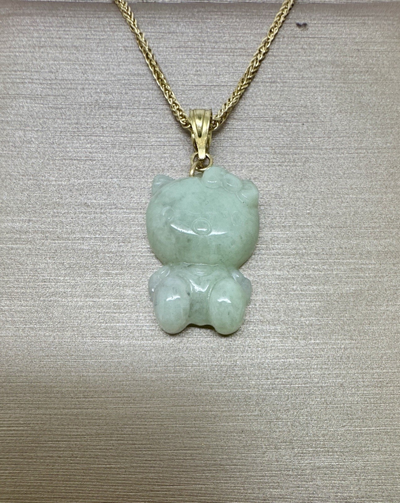 Small Jade Carved Cute Hello Kitty Pendant 10K Real gold bail Good for 2mm chain Small Jade Carved Cute Hello Kitty Pendant 10K Real gold bail Good for 2mm chain
