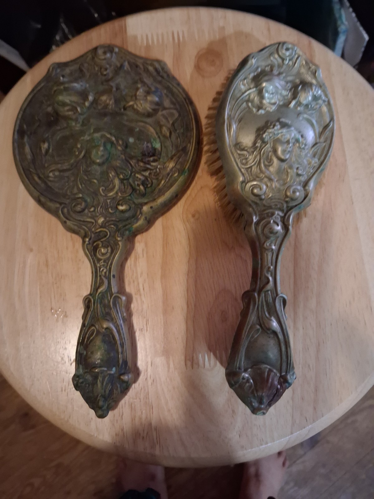 Antique Victorian Silver Plate Hand Mirror Woman in Relief Roses 10.5\