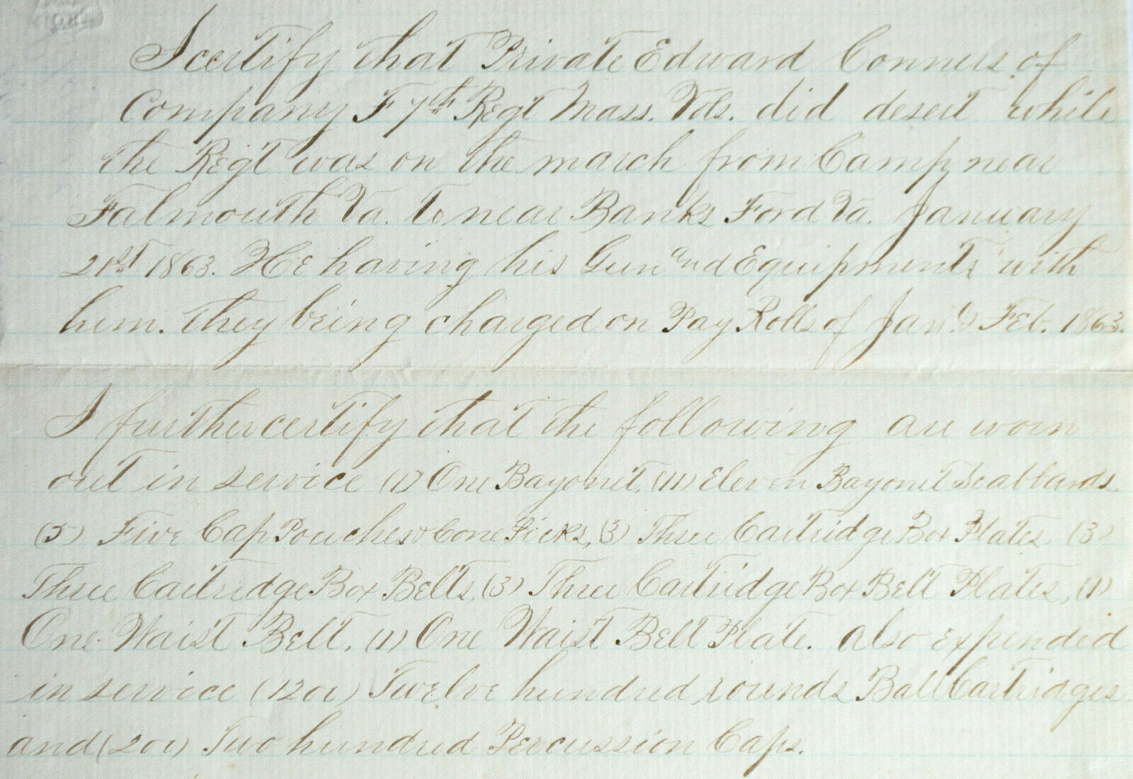 1863 Civil War Union 4th Mass. Reg. Named Deserter Handwritten Letter Document