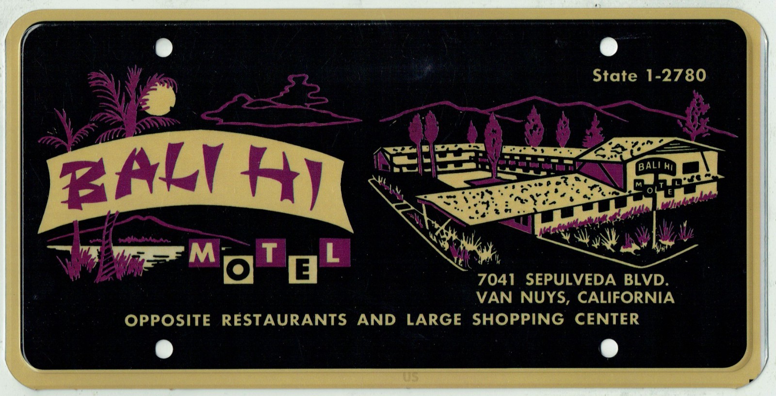 RARE Bali Hi Motel Van Nuys California Vintage Hawaii Tiki Maui License Plate