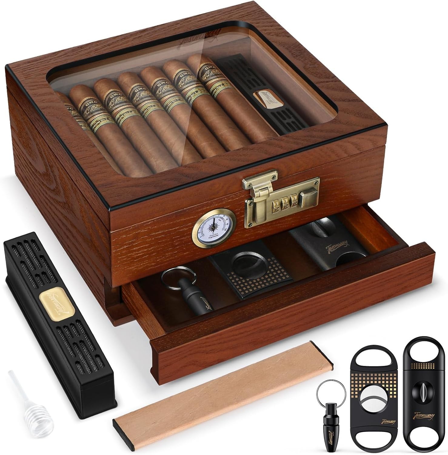 Cedar Wood Cigar Humidor Glass Top Desktop Box Digital Hygrometer Humidifier